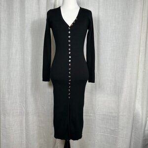 Bodycon Sweater Dress Women XS Button Up Black Stretch Vamp Witchy Dark Feminine